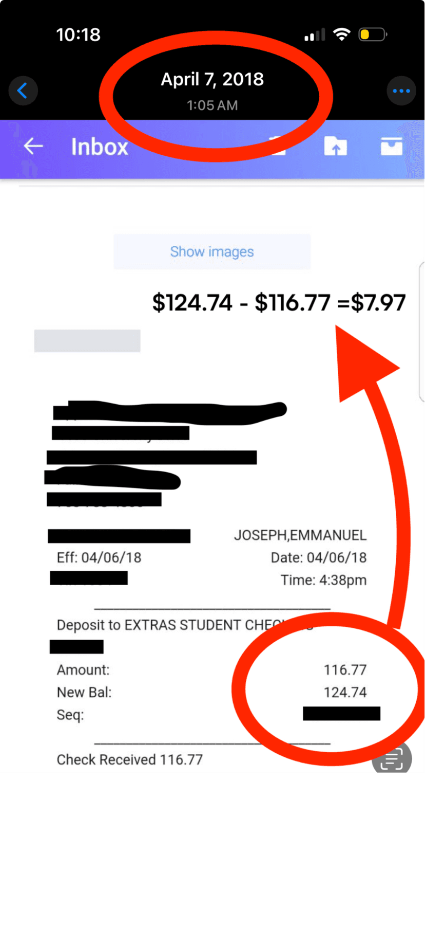 Screenshot of when I had $8 left in my bank account